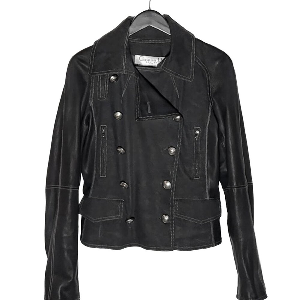 Christian Dior FW06 Black Leather Braided Sleeves Denim Jacket